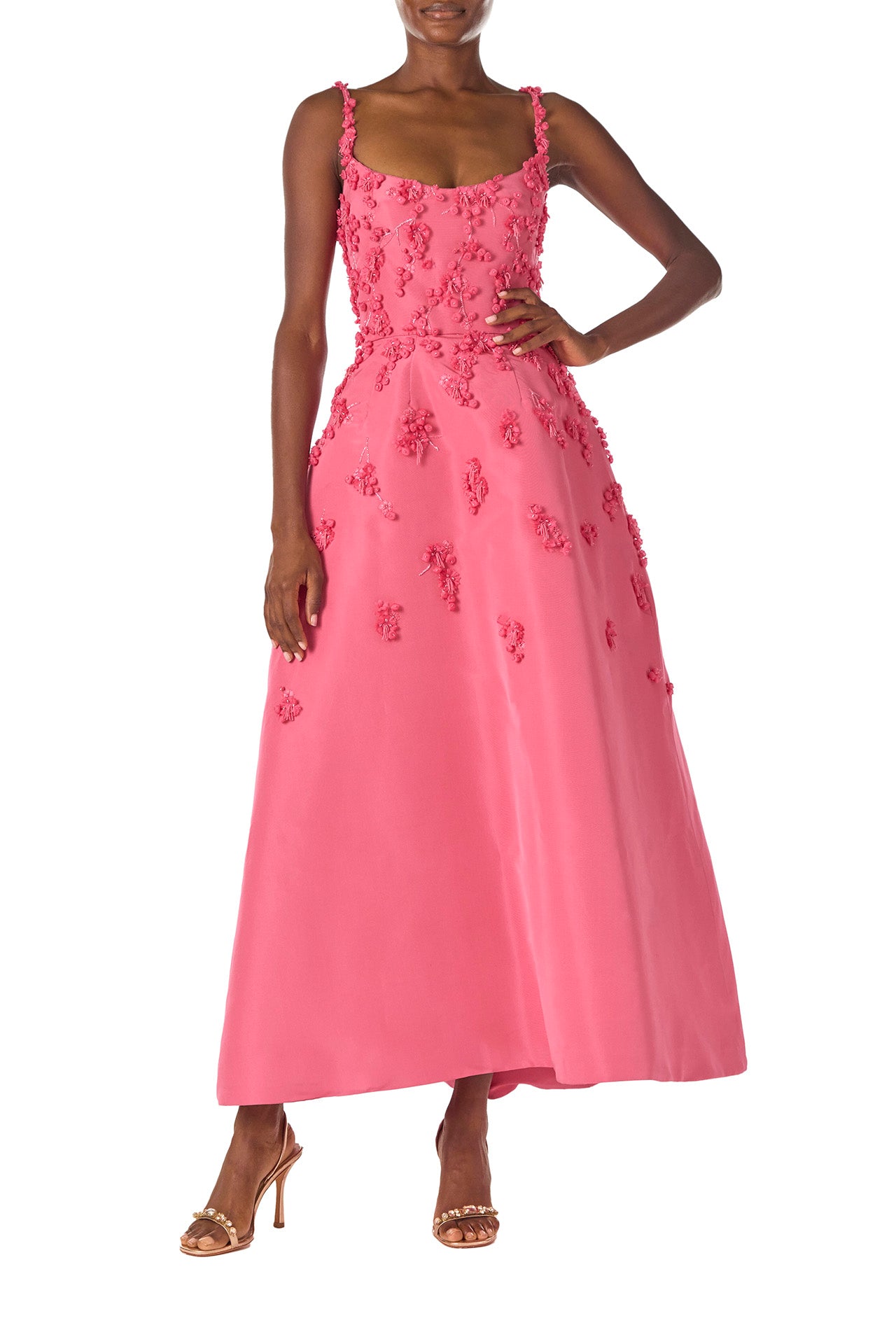 Monique Lhuillier Spring 2025 Tea-length dress with scoop neckline and spaghetti straps in Hibiscus floral embroidered faille fabric - front.