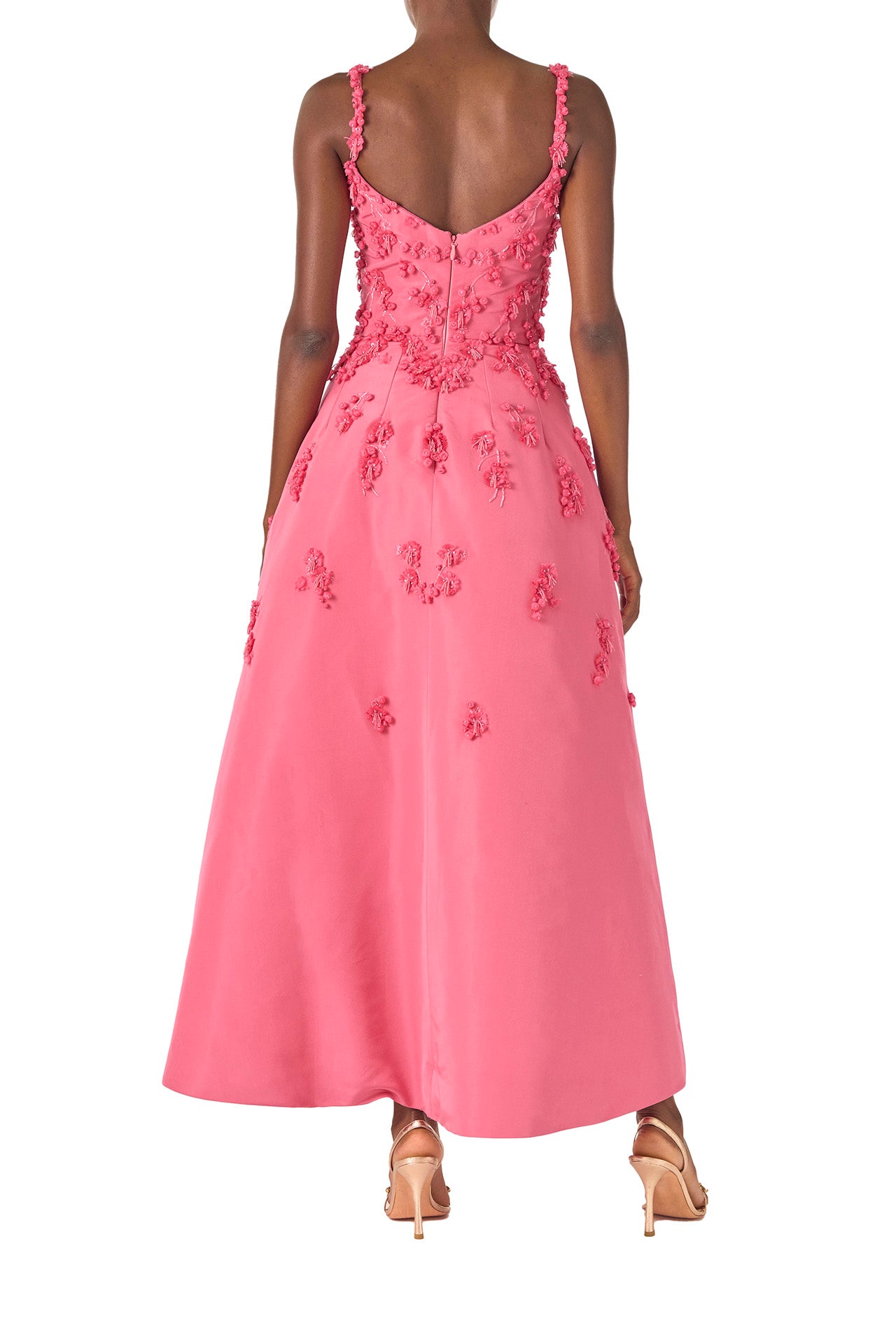 Monique Lhuillier Spring 2025 Tea-length dress with scoop neckline and spaghetti straps in Hibiscus floral embroidered faille fabric - back.