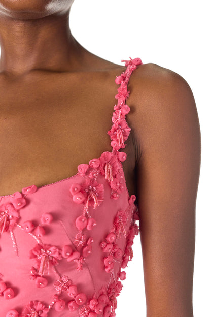Monique Lhuillier Spring 2025 Tea-length dress with scoop neckline and spaghetti straps in Hibiscus floral embroidered faille fabric - fabric.