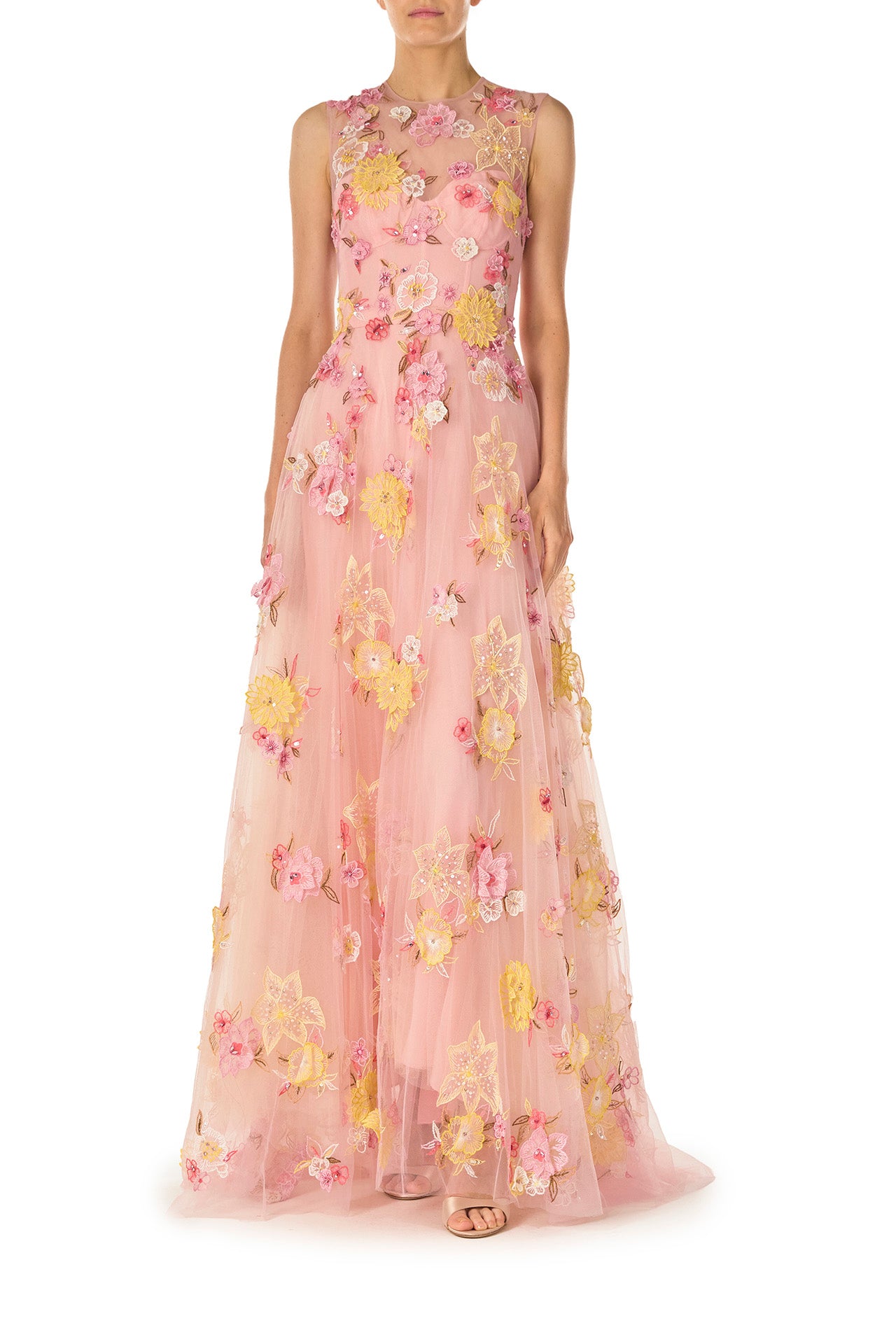 Monique Lhuillier Spring 2025 sleeveless gown in yellow and pink floral embroidered tulle - front.