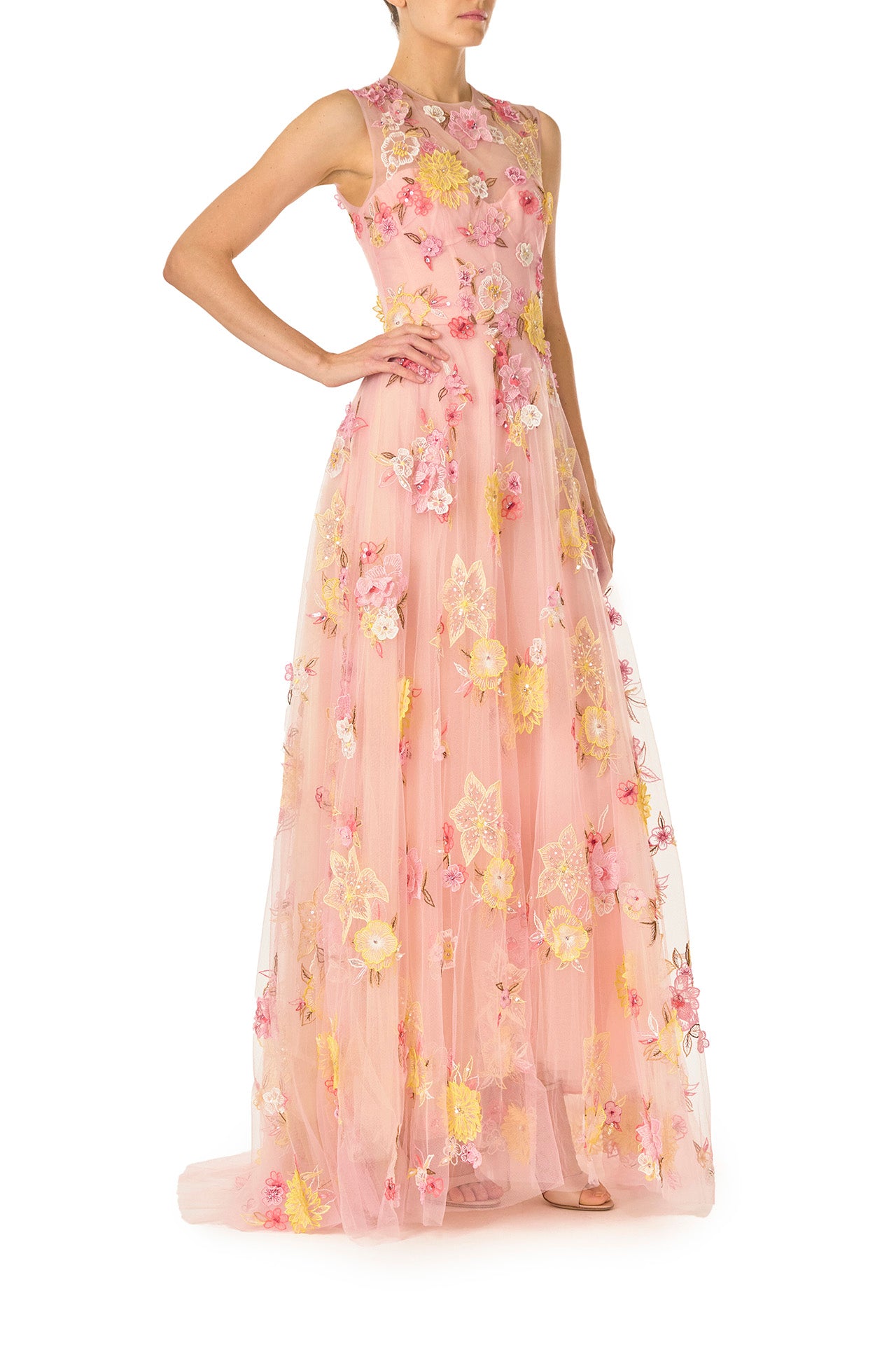 Monique Lhuillier Spring 2025 sleeveless gown in yellow and pink floral embroidered tulle - side.