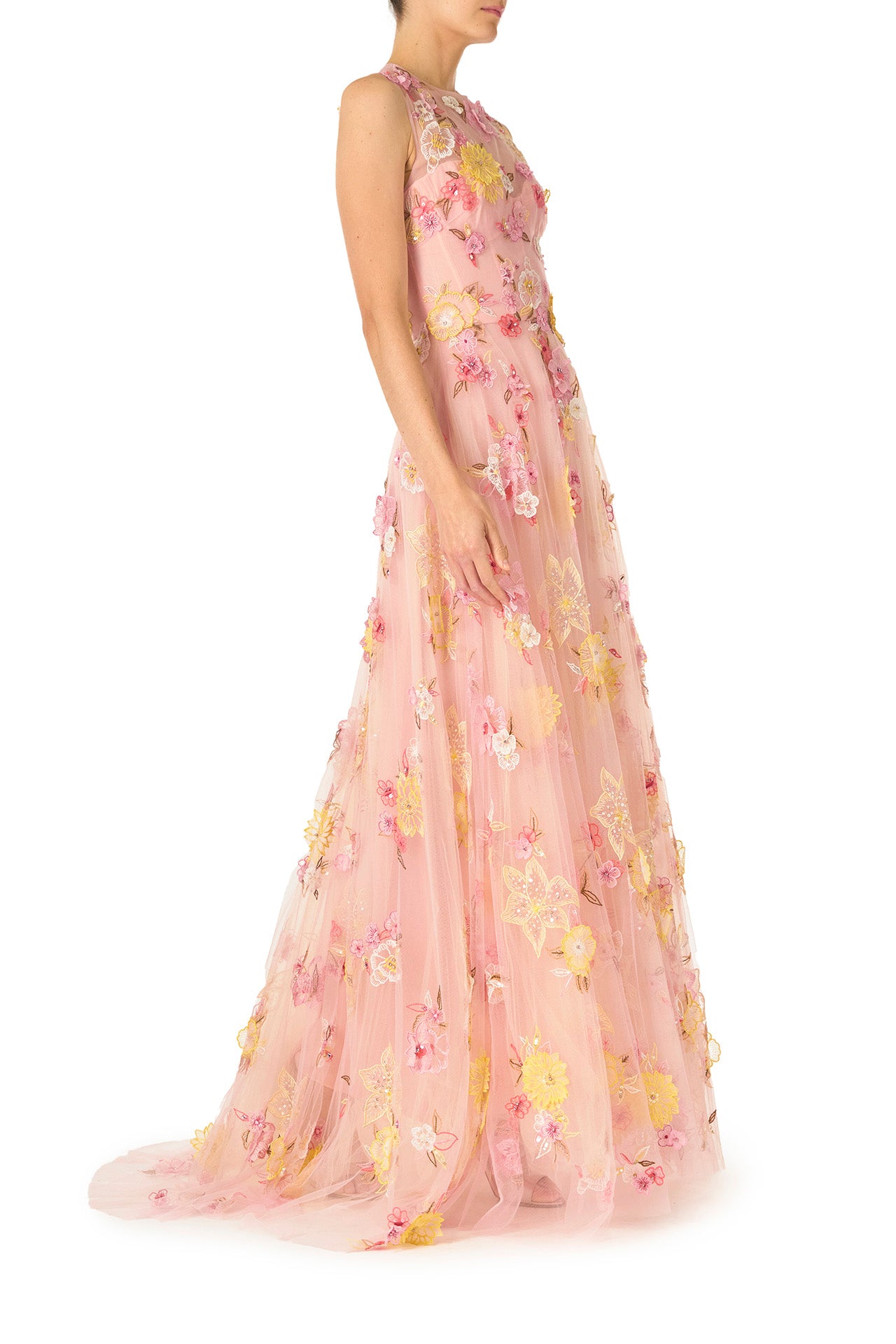 Monique Lhuillier Spring 2025 sleeveless gown in yellow and pink floral embroidered tulle - side.