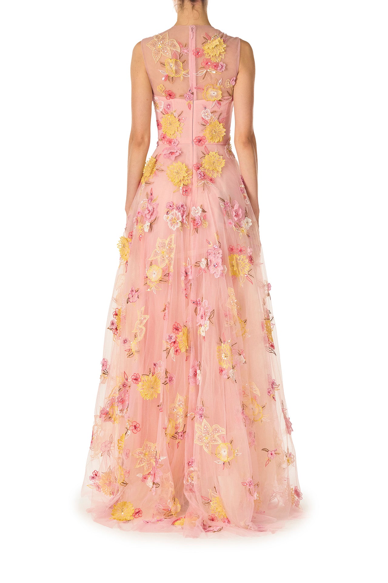 Monique Lhuillier Spring 2025 sleeveless gown in yellow and pink floral embroidered tulle - back.