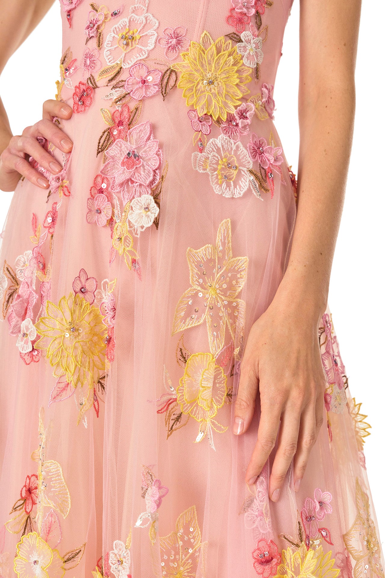 Monique Lhuillier Spring 2025 sleeveless gown in yellow and pink floral embroidered tulle - fabric.