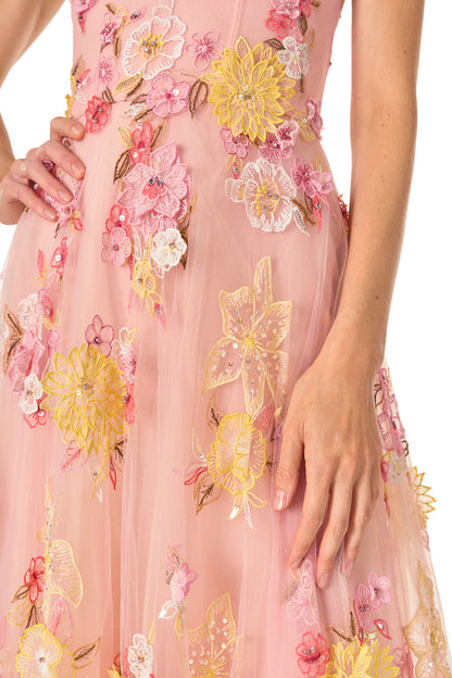 Monique Lhuillier Spring 2025 sleeveless gown in yellow and pink floral embroidered tulle - fabric.