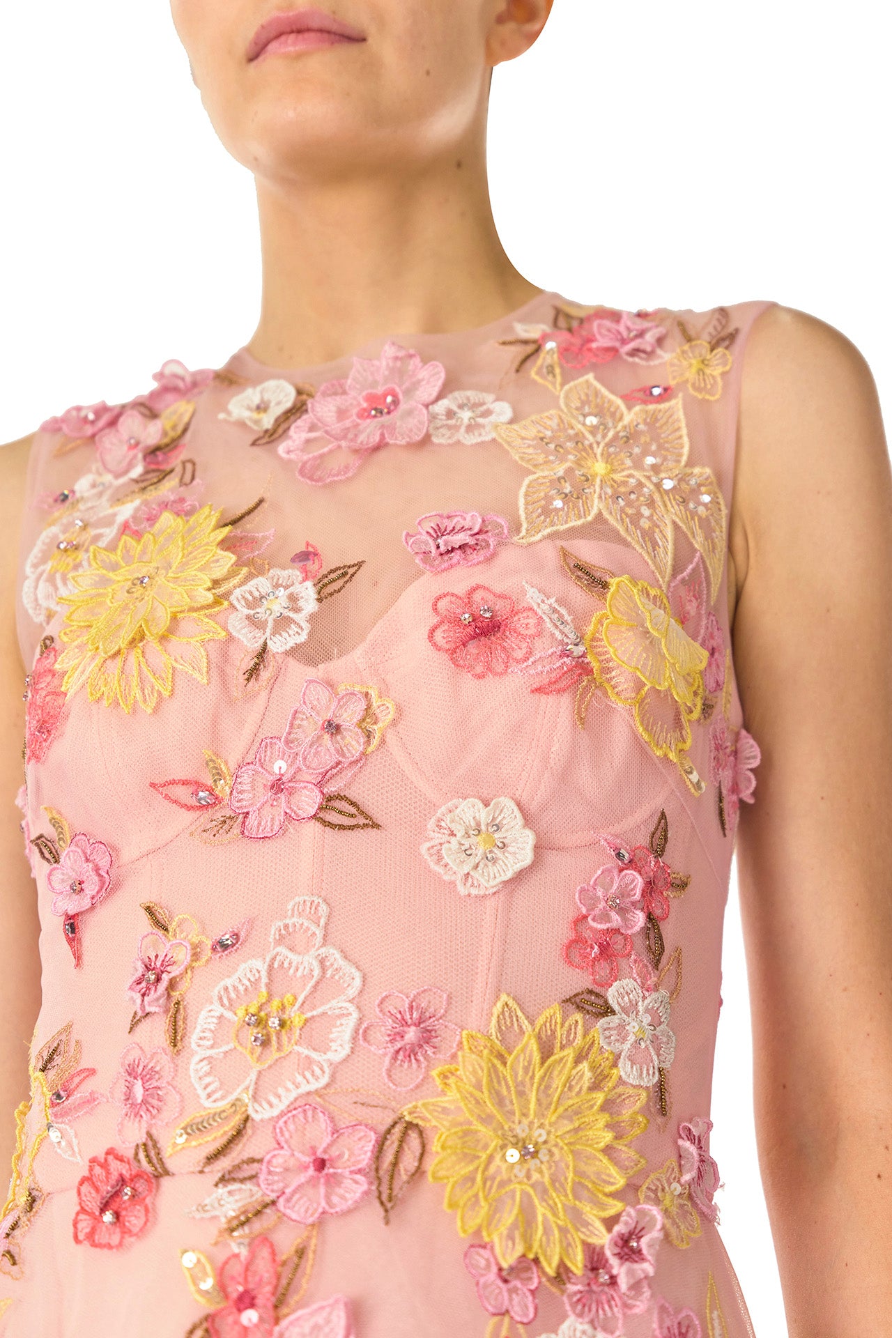 Monique Lhuillier Spring 2025 sleeveless gown in yellow and pink floral embroidered tulle - detail.