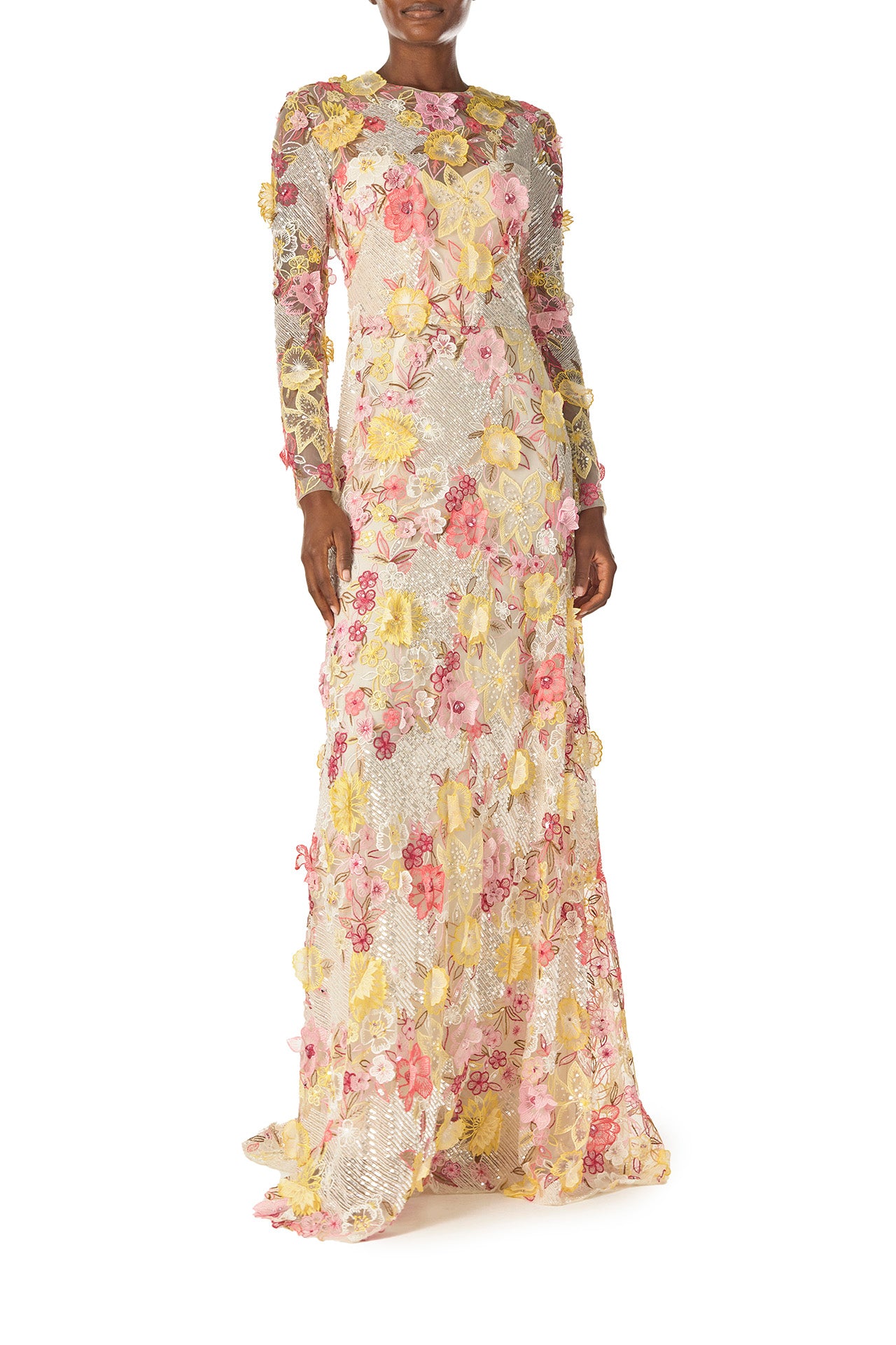 Monique Lhuillier Spring 2025 long sleeve gown in floral, embroidered lace in ecru yellow and pinks - front.