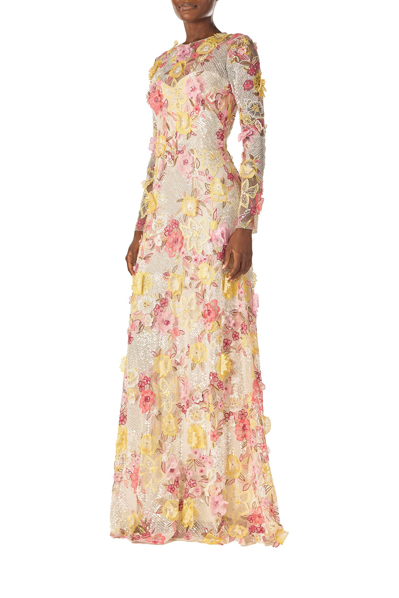 Monique Lhuillier Spring 2025 long sleeve gown in floral, embroidered lace in ecru yellow and pinks - left side.