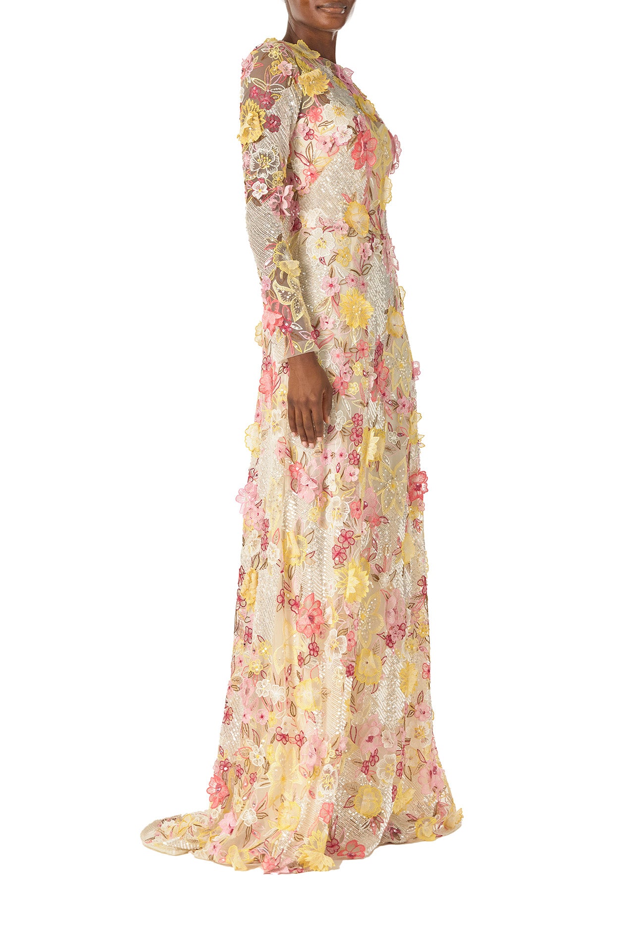 Monique Lhuillier Spring 2025 long sleeve gown in floral, embroidered lace in ecru yellow and pinks - left side.