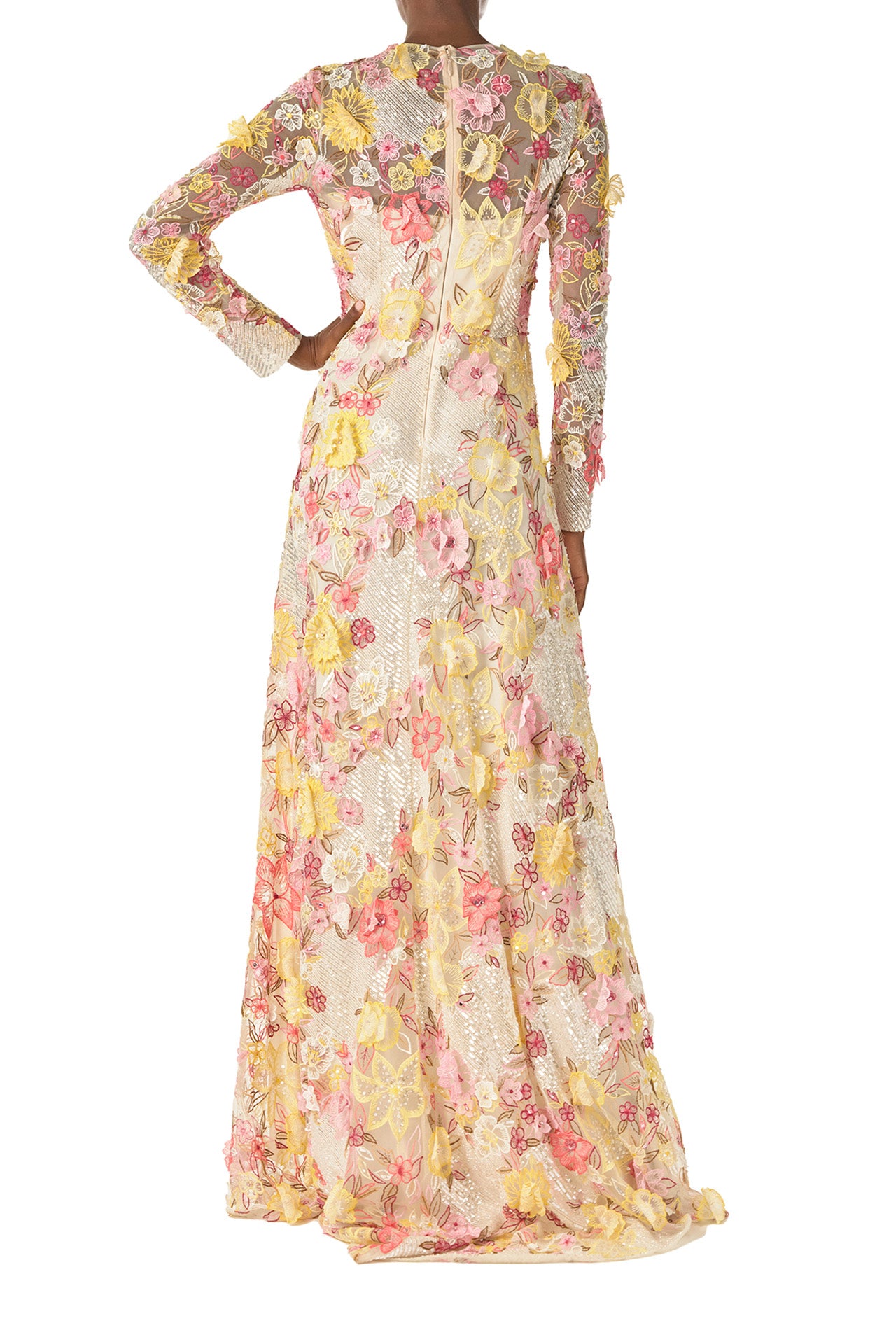 Monique Lhuillier Spring 2025 long sleeve gown in floral, embroidered lace in ecru yellow and pinks - back.