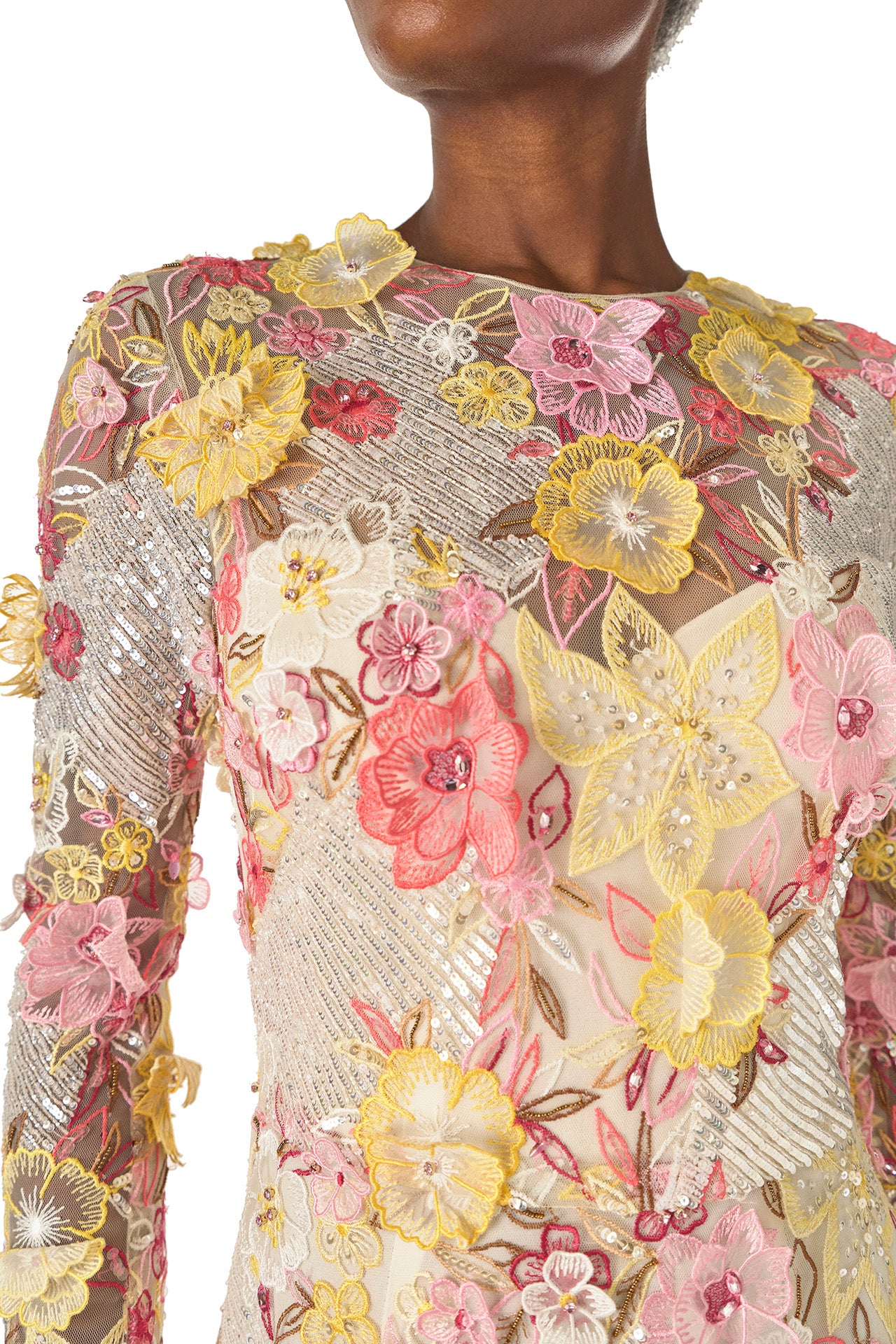 Monique Lhuillier Spring 2025 long sleeve gown in floral, embroidered lace in ecru yellow and pinks - front.