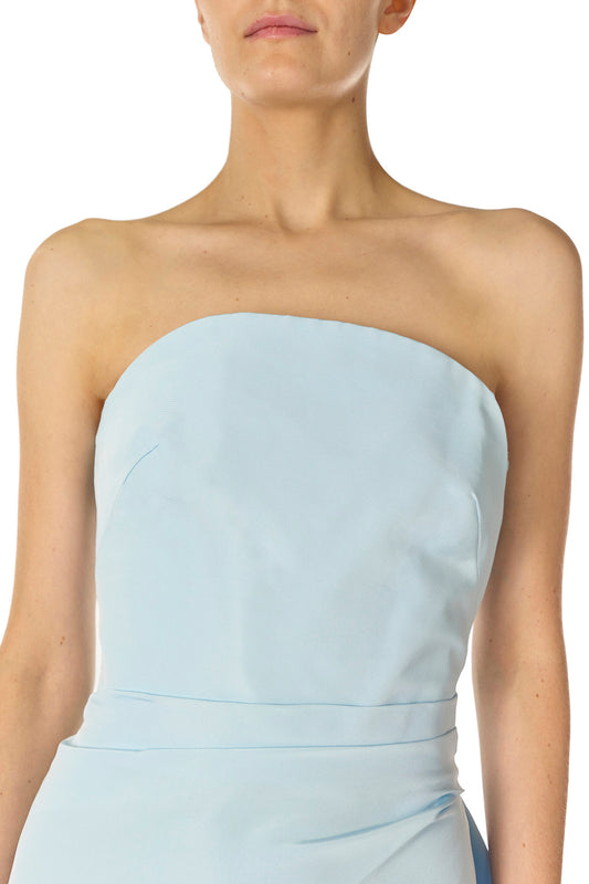 Monique Lhuillier Spring 2025 Strapless, draped column gown with attached train in Powder Blue faille fabric - neckline.