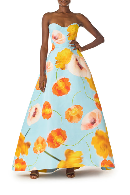 Monique Lhuillier Spring 2025 Strapless ball gown with sweetheart neckline in Poppy floral & blue printed faille fabric - front.