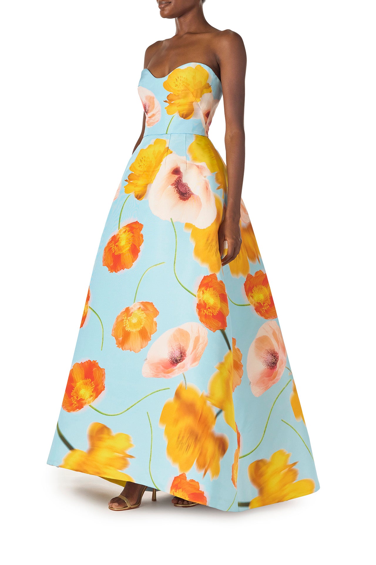 Monique Lhuillier Spring 2025 Strapless ball gown with sweetheart neckline in Poppy floral & blue printed faille fabric - left side.