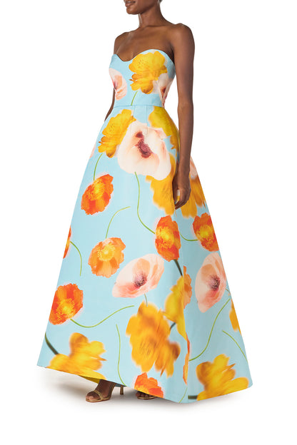 Monique Lhuillier Spring 2025 Strapless ball gown with sweetheart neckline in Poppy floral & blue printed faille fabric - left side.