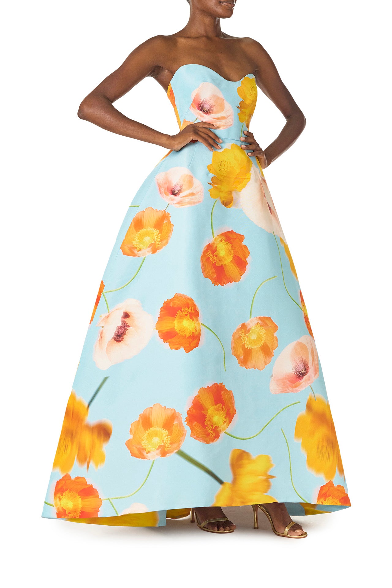 Monique Lhuillier Spring 2025 Strapless ball gown with sweetheart neckline in Poppy floral & blue printed faille fabric - right side.
