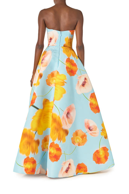 Monique Lhuillier Spring 2025 Strapless ball gown with sweetheart neckline in Poppy floral & blue printed faille fabric - back.