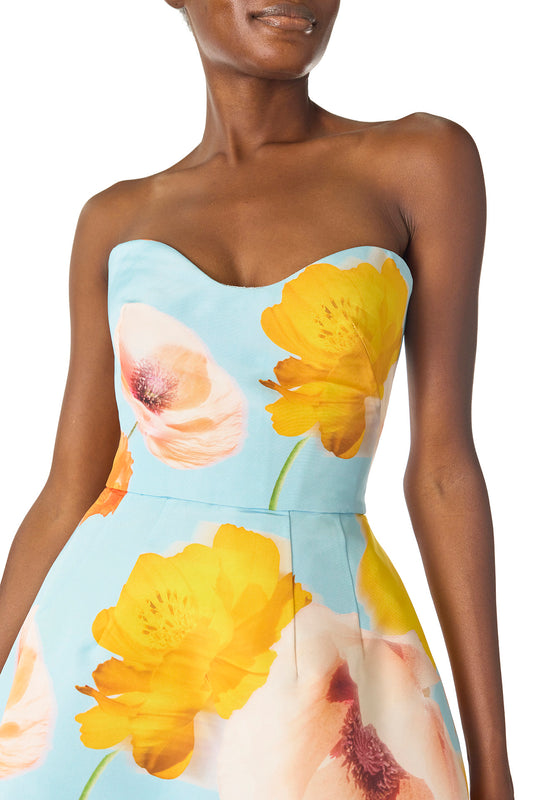 Monique Lhuillier Spring 2025 Strapless ball gown with sweetheart neckline in Poppy floral & blue printed faille fabric - neckline.