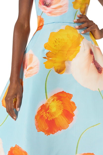 Monique Lhuillier Spring 2025 Strapless ball gown with sweetheart neckline in Poppy floral & blue printed faille fabric - fabric.