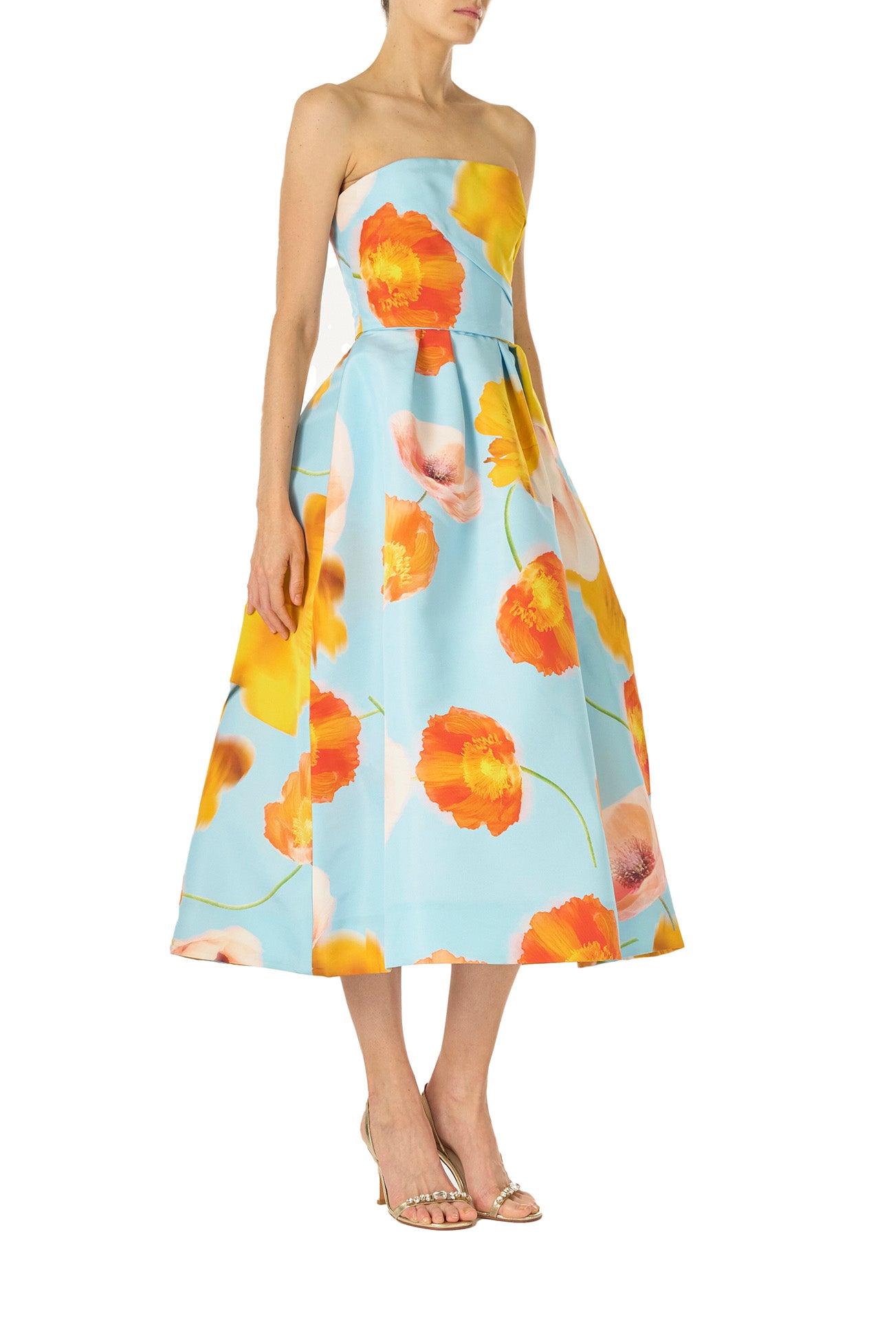 Monique Lhuillier Spring 2025 Strapless tea-length dress with draped bodice and pleated skirt in poppy printed blue faille fabric - right side.