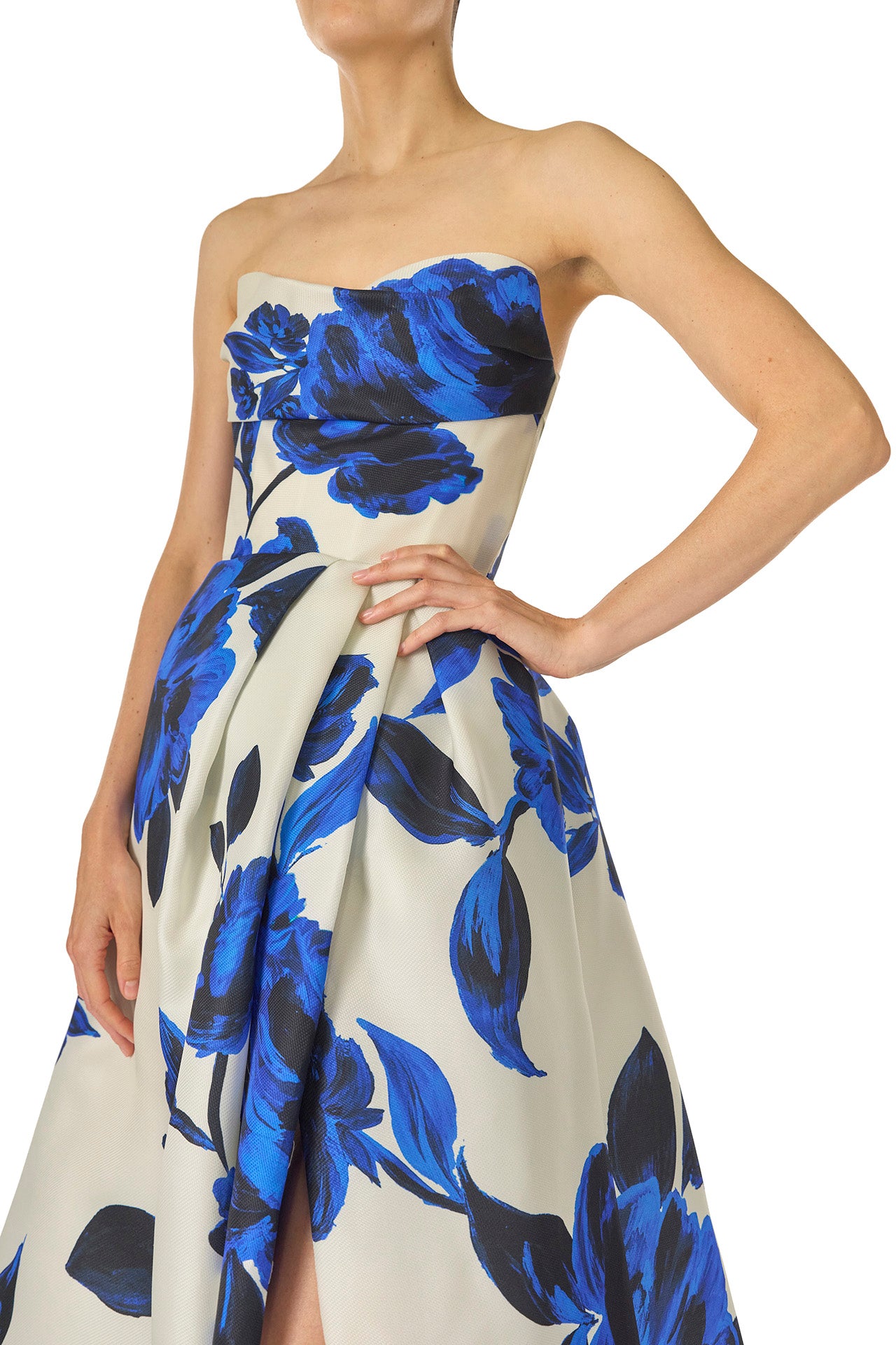 Monique Lhuillier Spring 2025 strapless ballgown with pockets, draped bodice and high leg slit in nautical blue & silk white rose printed gazar - fabric.