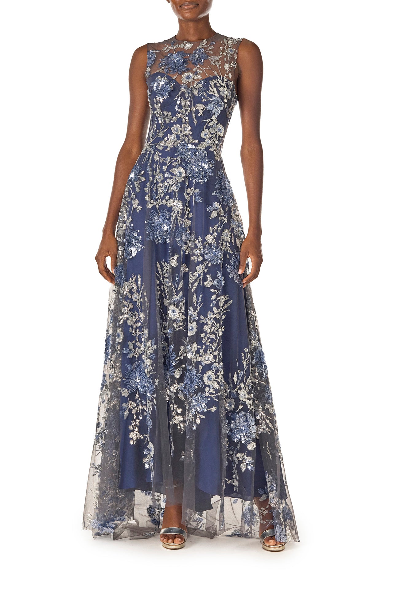 ML Monique Lhuillier offers Navy Gown Draped Neckline Sequin Detail 6