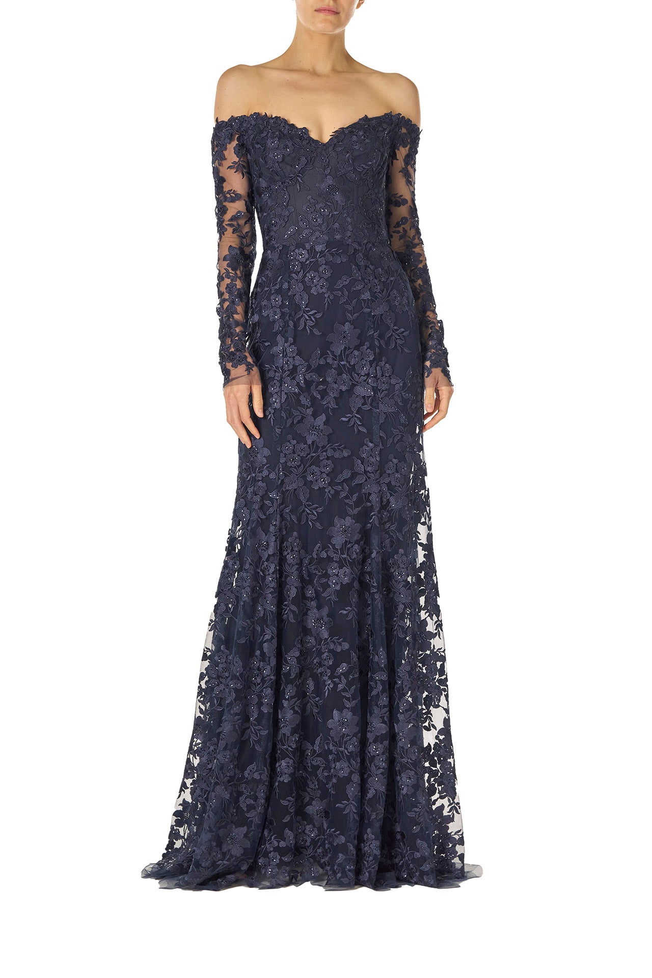Monique Lhuillier Spring 2025 Off the shoulder, long sleeve trumpet gown with sweetheart neckline in Lapis/Noir re-embroidered tulle - front.