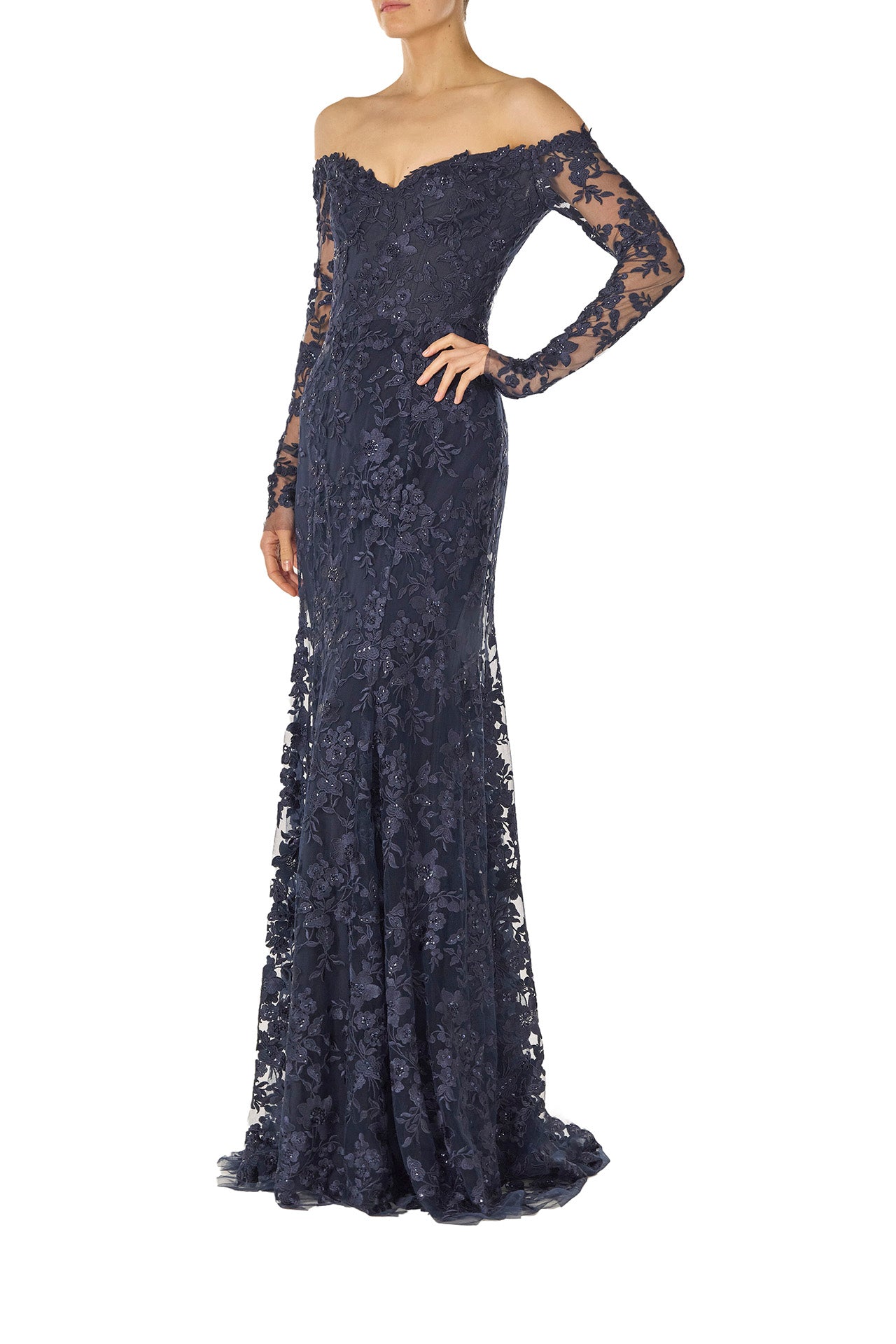 Monique Lhuillier Spring 2025 Off the shoulder, long sleeve trumpet gown with sweetheart neckline in Lapis/Noir re-embroidered tulle - left side.