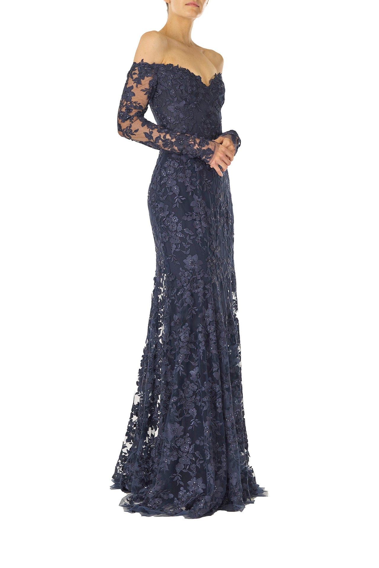 Monique Lhuillier Spring 2025 Off the shoulder, long sleeve trumpet gown with sweetheart neckline in Lapis/Noir re-embroidered tulle - right side.