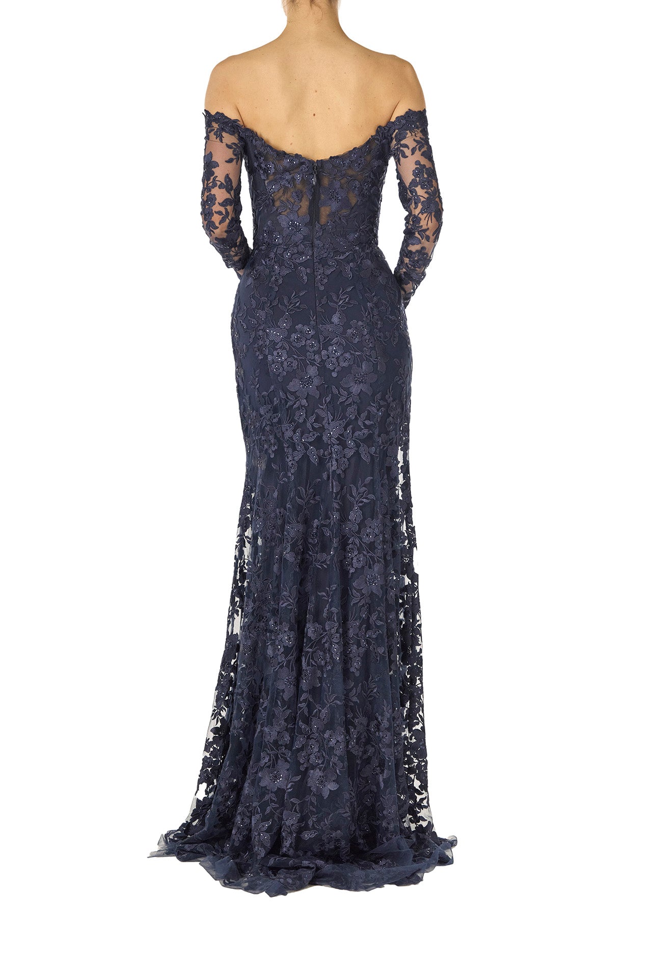 Monique Lhuillier Spring 2025 Off the shoulder, long sleeve trumpet gown with sweetheart neckline in Lapis/Noir re-embroidered tulle - back.