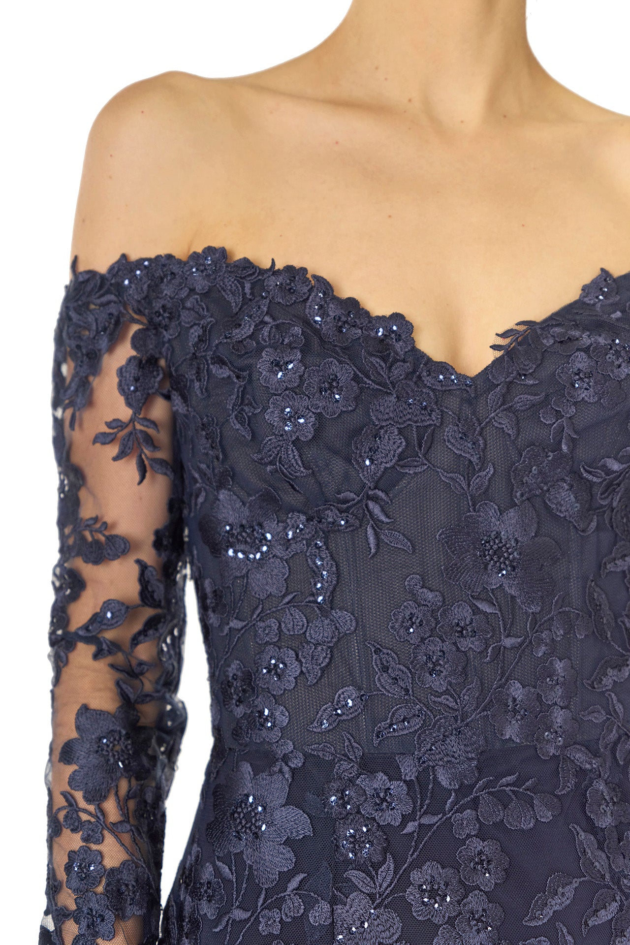 Monique Lhuillier Spring 2025 Off the shoulder, long sleeve trumpet gown with sweetheart neckline in Lapis/Noir re-embroidered tulle - neckline.