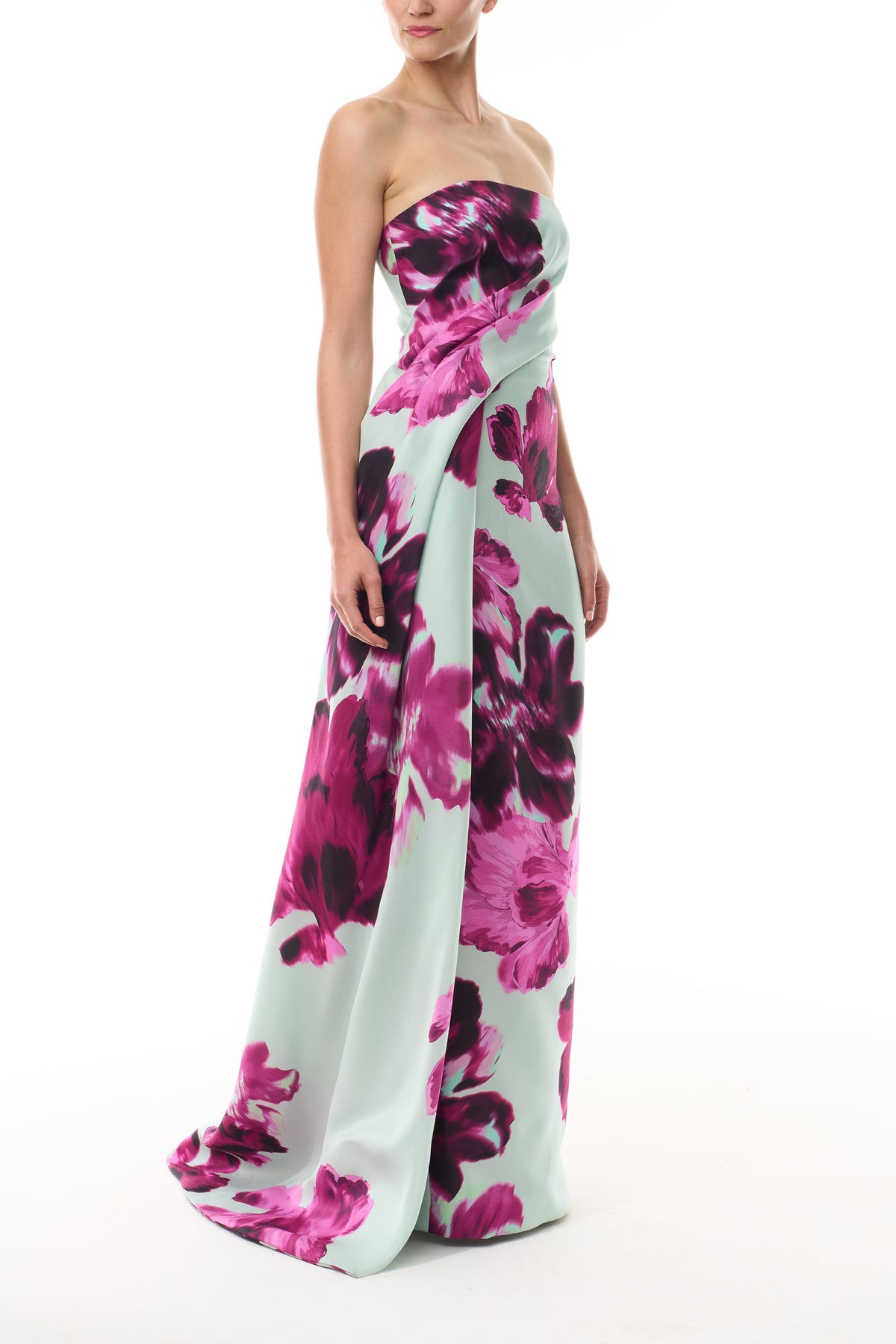 Monique Lhuillier Fall 2025 strapless column gown with side draping in electric floral printed gazar - side.