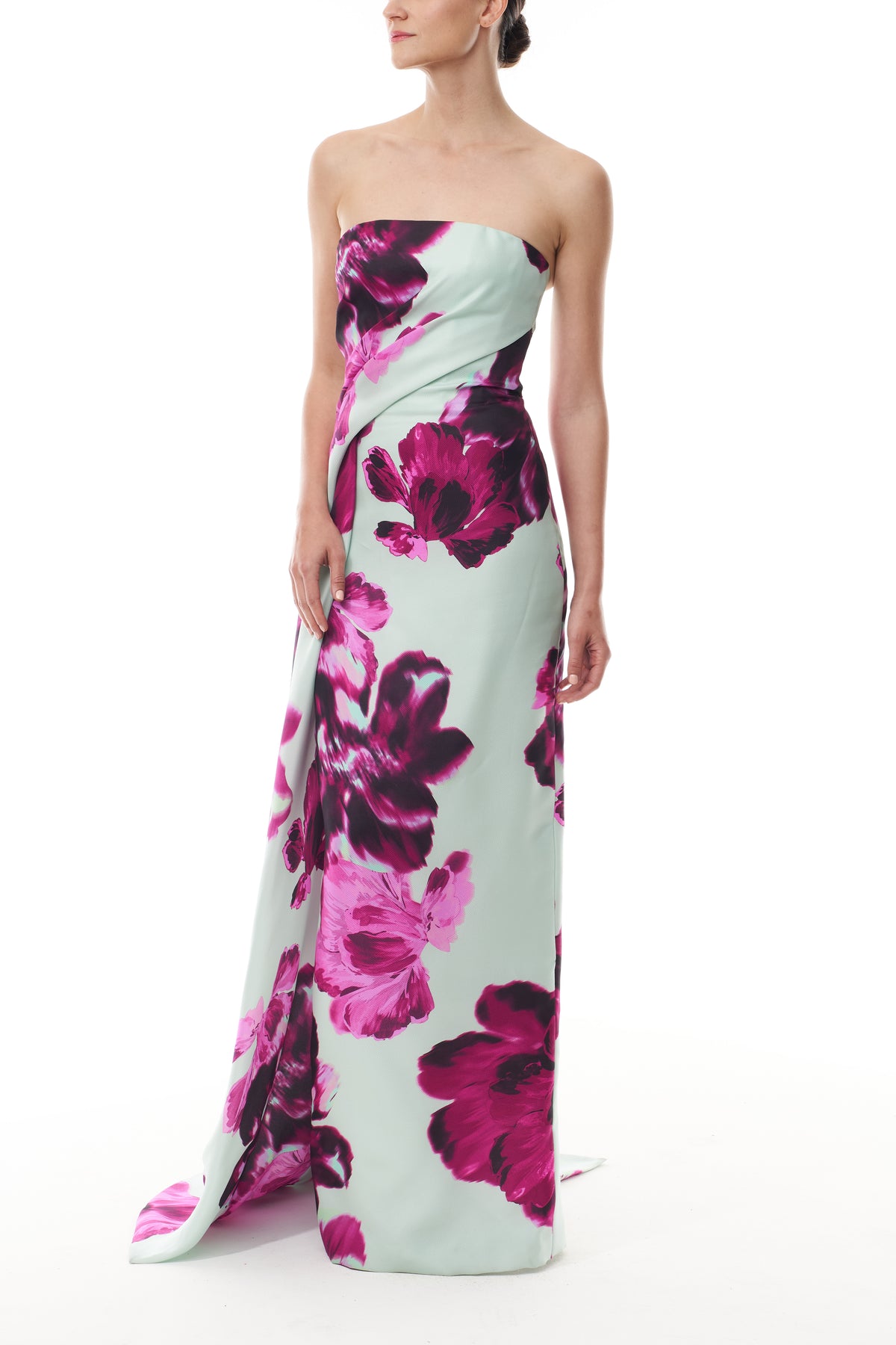 Monique Lhuillier Fall 2025 strapless column gown with side draping in electric floral printed gazar - side.