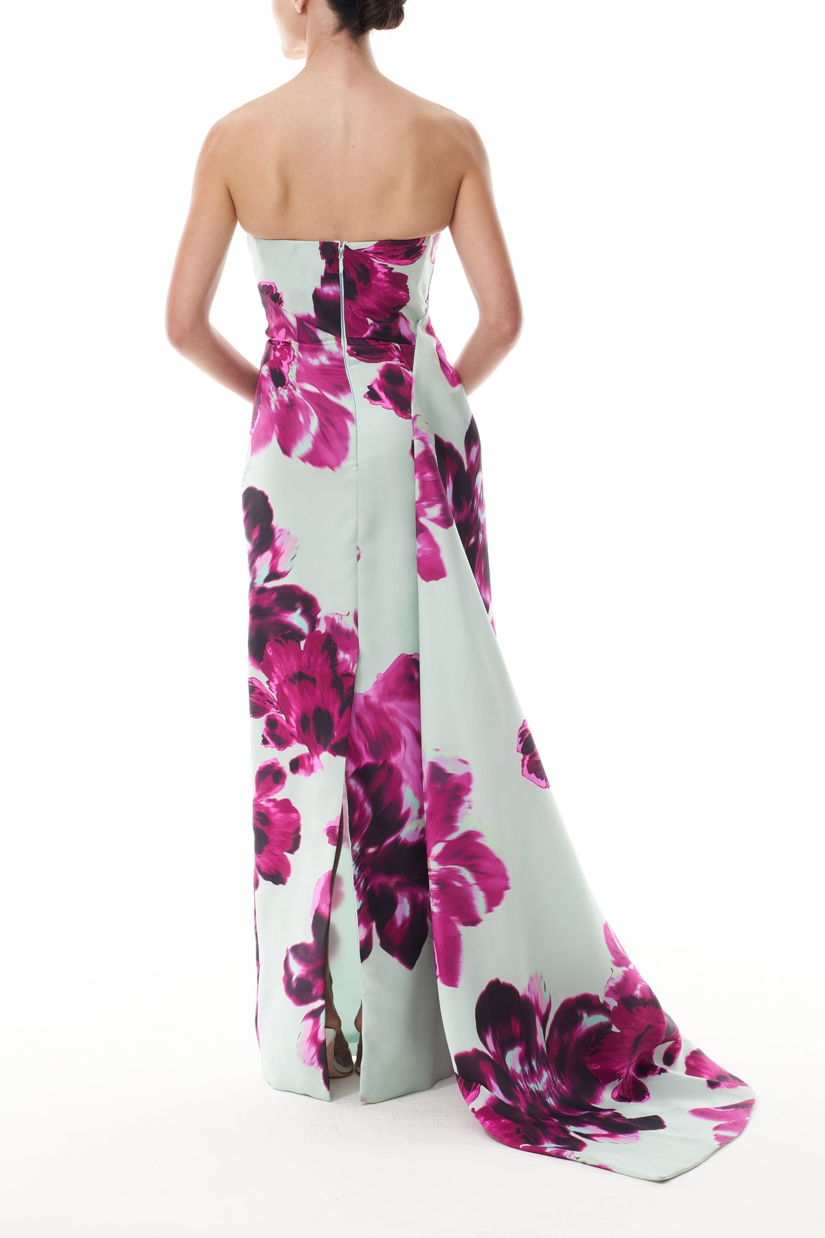 Monique Lhuillier Fall 2025 strapless column gown with side draping in electric floral printed gazar - back.