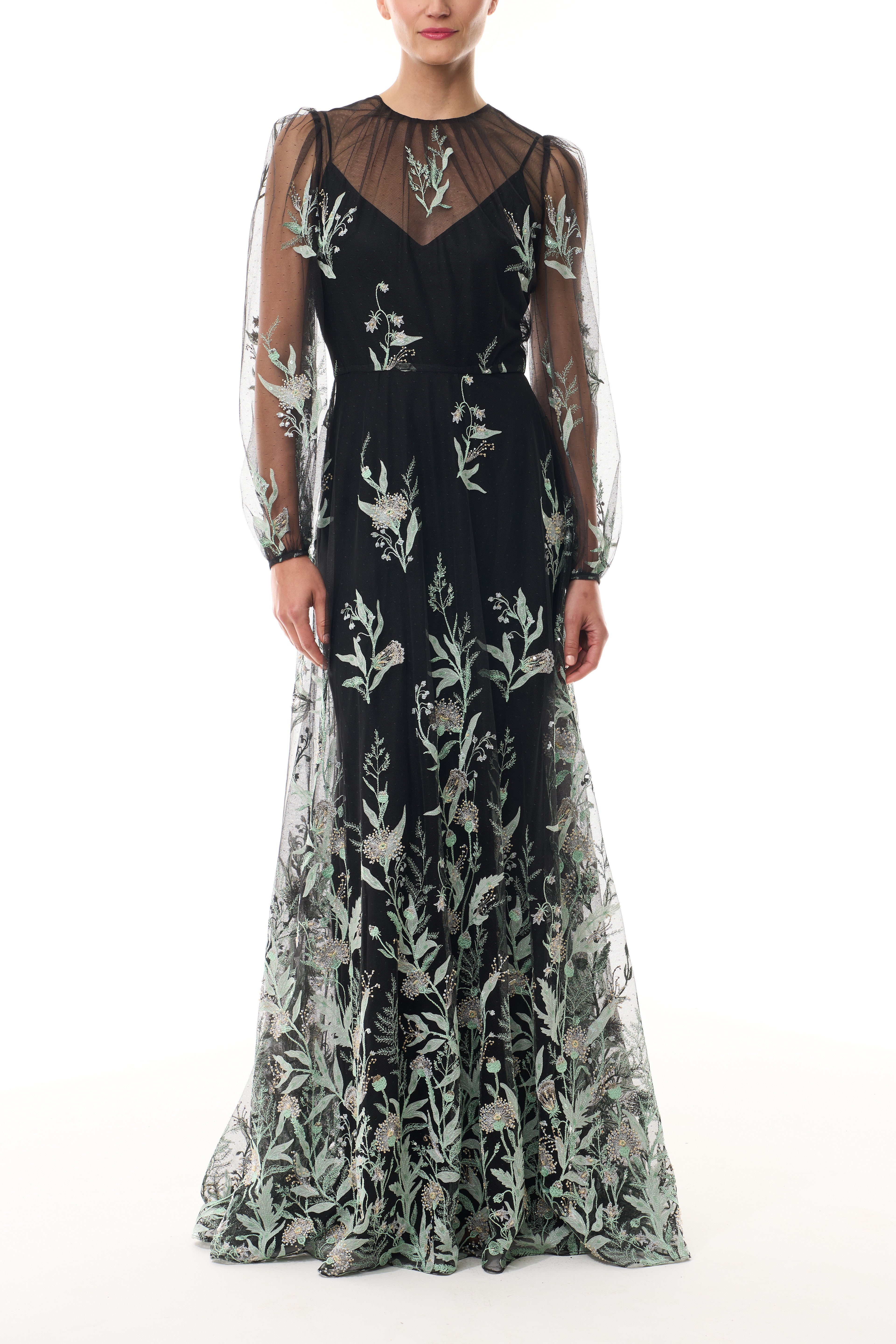 Long Sleeve Embroidered Tulle Gown 10 / Noir Mist