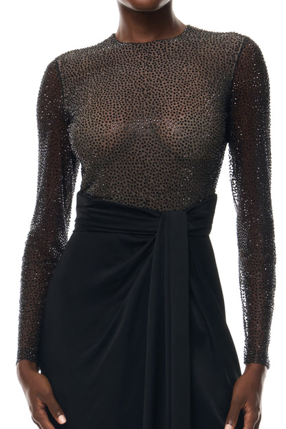 Monique Lhuillier Fall 2025 RTW Noir Long Sleeve Hotfix gown with embellished bodice and front slit - fabric.