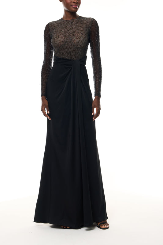 Monique Lhuillier Fall 2025 RTW Noir Long Sleeve Hotfix gown with embellished bodice and front slit - front. 