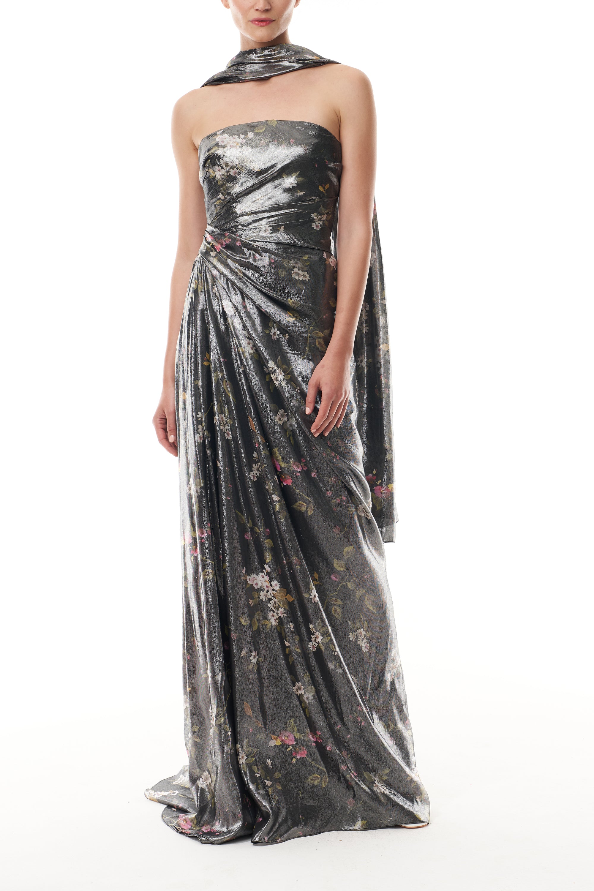 Metallic Floral Draped Gown 6 / Metallic Multi Metallic Floral Draped Gown 6 / Metallic Multi