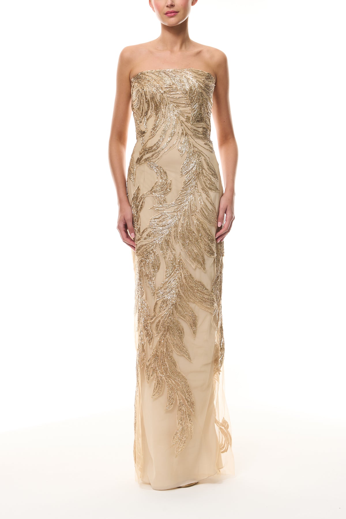 Monique Lhuillier Fall 2025 Gold feather embroidered tulle strapless column gown - front.