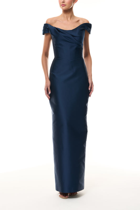 Monique Lhuillier Fall 2025 Ocean Mikado Off-the-shoulder draped bodice column gown - front.