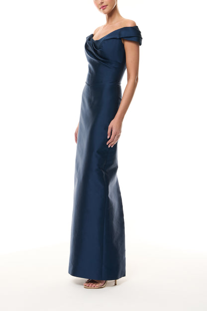 Monique Lhuillier Fall 2025 Ocean Mikado Off-the-shoulder draped bodice column gown - side. 