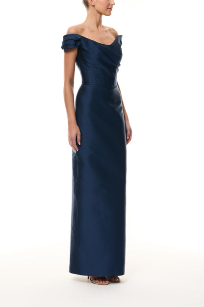 Monique Lhuillier Fall 2025 Ocean Mikado Off-the-shoulder draped bodice column gown - side. 