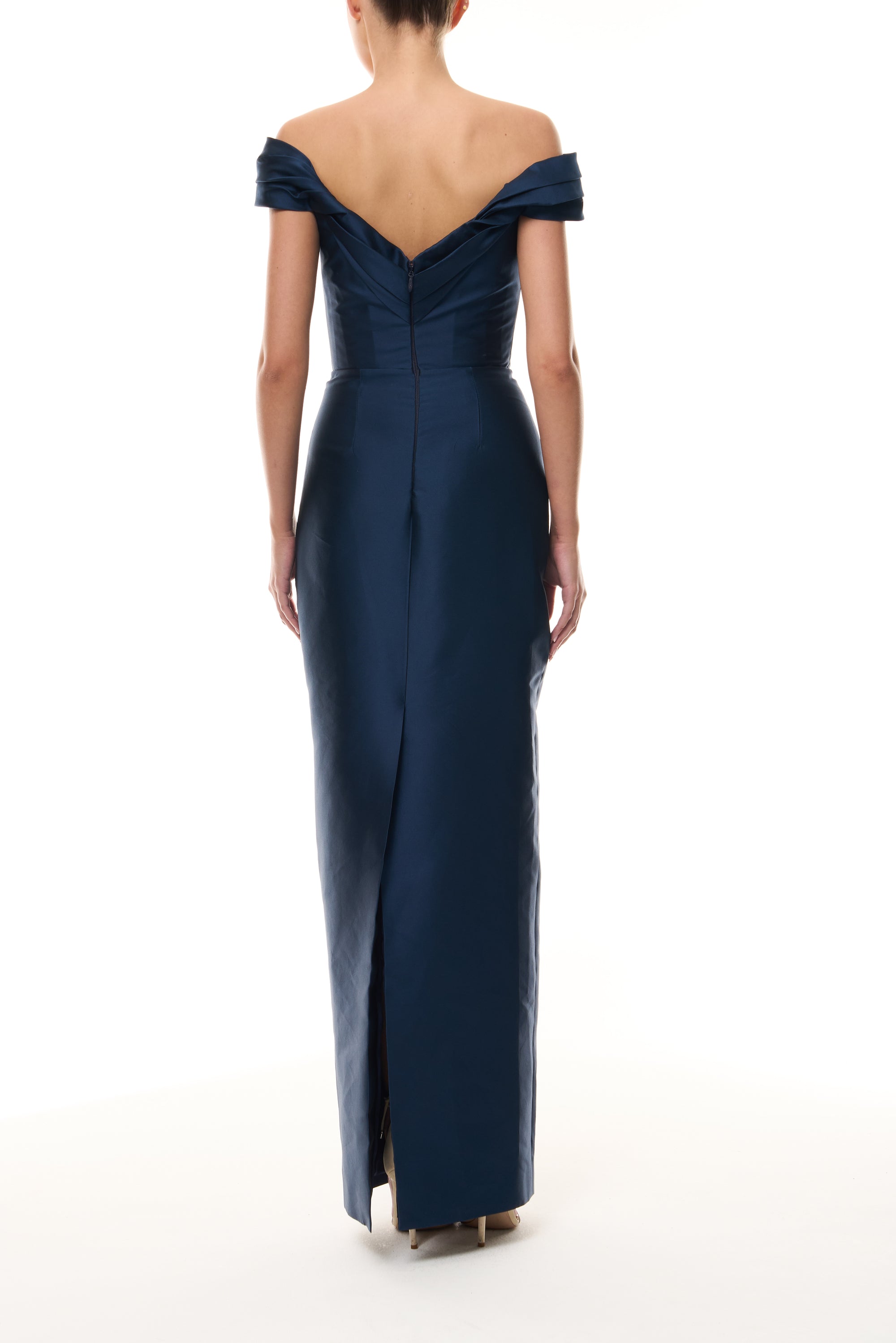 Monique Lhuillier Fall 2025 Ocean Mikado Off-the-shoulder draped bodice column gown - back.