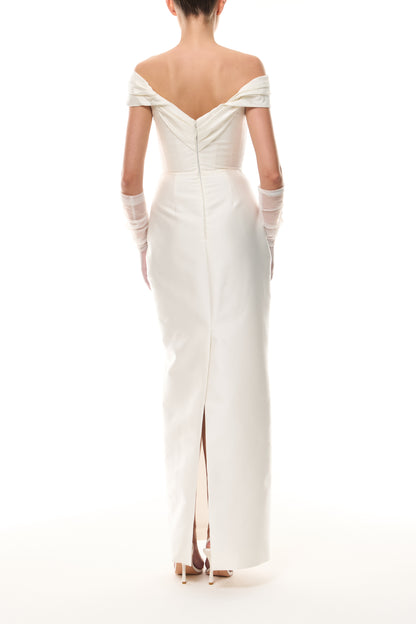 Monique Lhuillier Silk White Mikado Off-the-shoulder draped bodice column gown from The Bridal Edit - back with Silk White Charming Tulle Gloves.