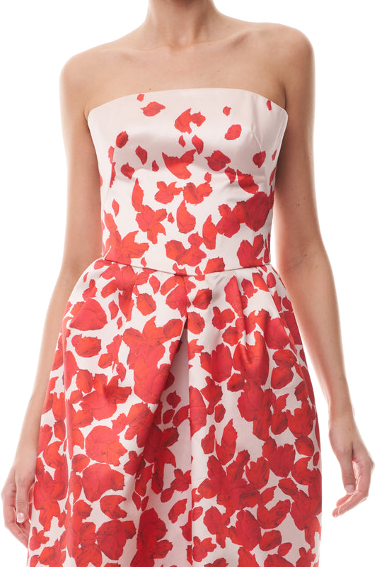 Monique Lhuillier Fall 2025 strapless, midi-length dress in Candy/Multi colored rose-printed mikado fabric - fabric detail.