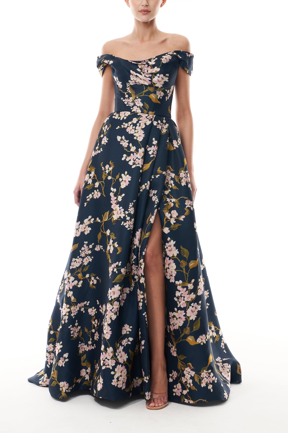 Monique Lhuillier Fall 2025 Ocean/Multi Wisteria Printed Gazar draped off-the-shoulder ballgown - front. 