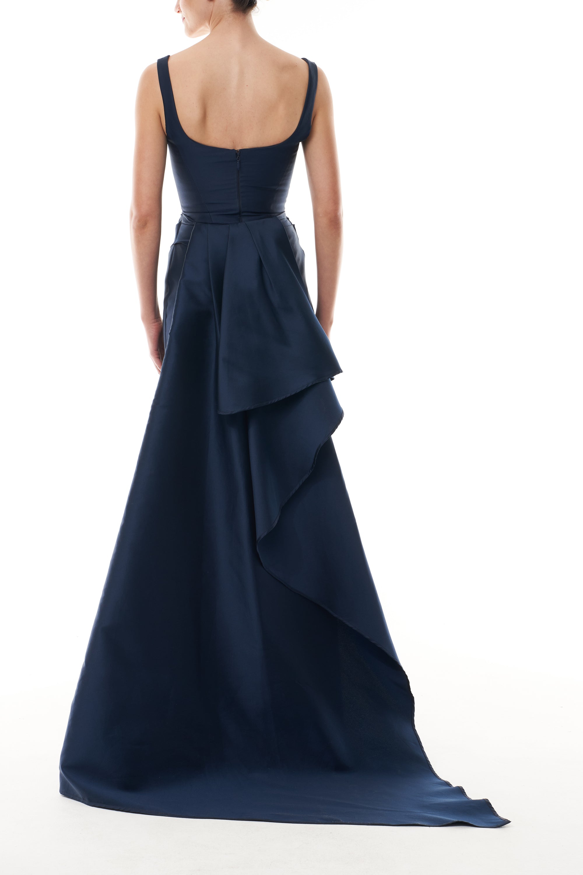 Monique Lhuillier Fall 2025 Ocean Mikado Draped column gown with integral train -  back.