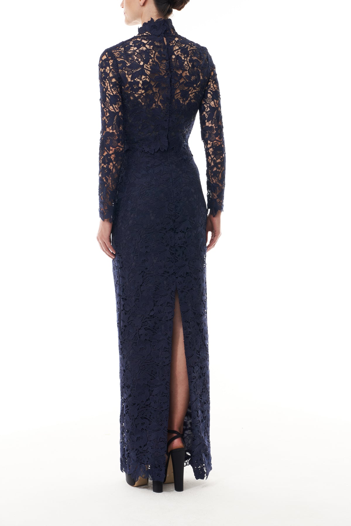 Monique Lhuillier Fall 2025 Ocean Orchid Lace long sleeved jacket -  back.