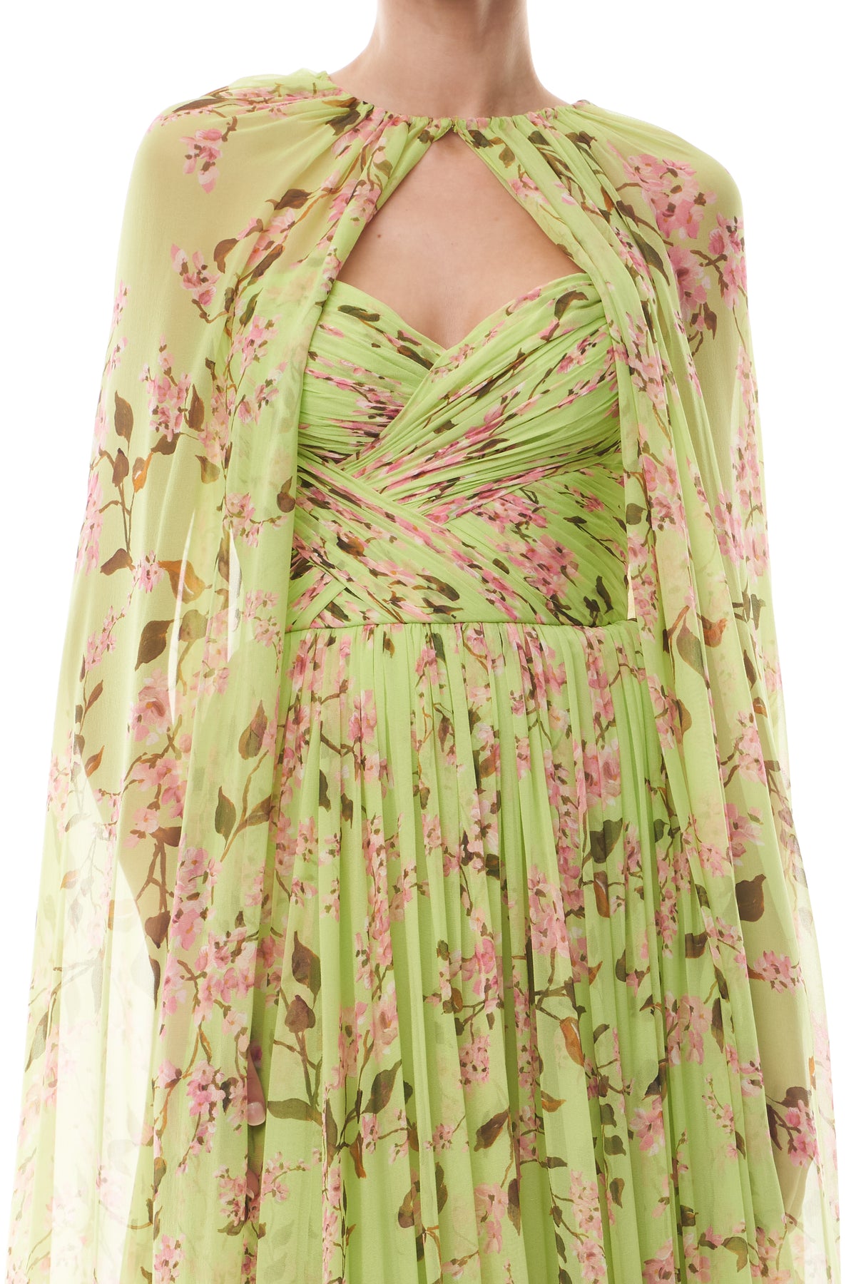 Monique Lhuillier Fall 2025 Celedon/Multi Wisteria Printed chiffon Floor Length Cape - fabric.