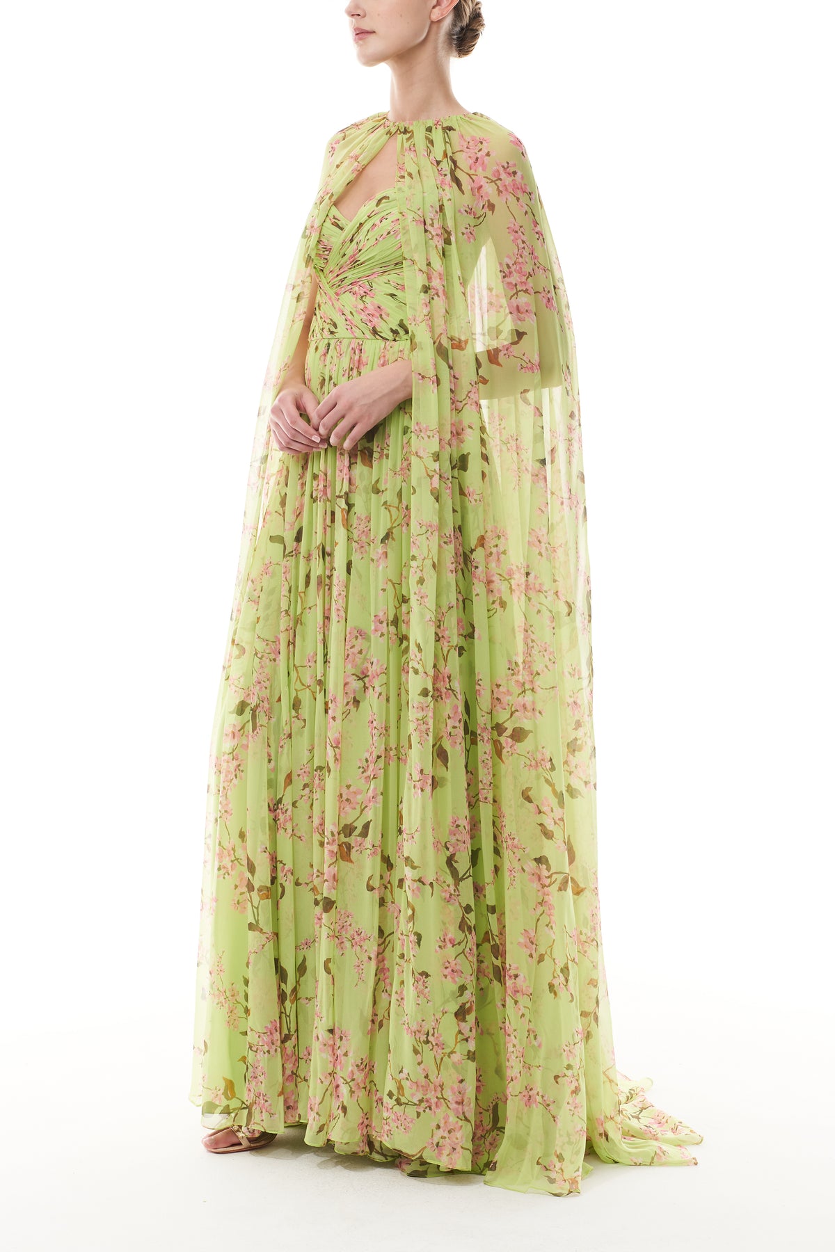 Monique Lhuillier Fall 2025 Celedon/Multi Wisteria Printed chiffon Floor Length Cape - side.